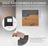 A collage of images showing a mailbox with dimensions and a hand inserting a letter. Produktbild-Vorschau
