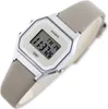 A close-up studio shot of a Casio digital watch with a gray leather strap. Produktbild-Vorschau