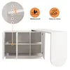 A white cabinet with an extendable desk surface, featuring icons indicating waterproof and easy-to-clean features, and a close-up of adjustable shelf pegs. Produktbild-Vorschau