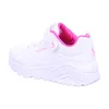 A white Skechers sneaker with pink accents is shown from the side against a white background. Voir les images du produit