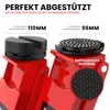 Close-up of two different sized jack pads on red hydraulic jacks, highlighting their dimensions and non-slip material. Produktbild-Vorschau