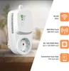 A white smart plug with a German socket is shown on a wooden surface, with marketing text and icons on the right side. Produktbild-Vorschau