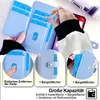 A collage of images showing a light blue phone case with card slots and a coin purse, with close-ups of its features and a hand interacting with it. Produktbild-Vorschau