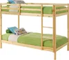 A wooden bunk bed with green bedding and pillows.