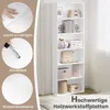 A white bookshelf with various items on its shelves, next to a wall with a door. The left side of the image contains circular insets with text and images highlighting product features. Produktbild-Vorschau