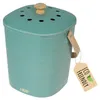 A teal compost bin with a wooden handle and lid knob, sitting on a white background. An 'Eco Friendly' tag hangs from the handle. Podgląd zdjęcia produktu