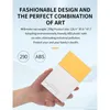 A hand holding a small white and yellow projector with text overlay describing its features. Produktbild-Vorschau