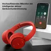 A red pair of headphones is shown next to a smartphone displaying a call screen, with text overlay describing the product's features. Produktbild-Vorschau