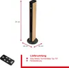A tower fan and its remote control, with dimensions and product information. Produktbild-Vorschau