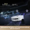 A robot vacuum cleaner is shown on a dark, futuristic floor with glowing blue lines, surrounded by abstract representations of objects it can detect. Produktbild-Vorschau