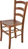 A wooden chair with a ladder back design, shown from a three-quarter angle against a white background.