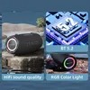 A collage of images showcasing a black portable Bluetooth speaker with LED lights, highlighting its features like HiFi sound quality, RGB color lights, and BT 5.2 connectivity. Produktbild-Vorschau