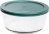 A clear, studio shot of a round glass food storage container with a green lid. Produktbild-Vorschau