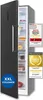 A black refrigerator with its door open, displaying its interior and several marketing badges on the right side. Produktbild-Vorschau