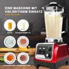 A red blender is shown on a countertop with various ingredients and drinks displayed around it, illustrating its versatility. Produktbild-Vorschau