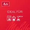 A red background with the Melitta logo and icons representing coffee machines. Produktbild-Vorschau