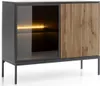 A modern sideboard with a glass door on the left and slatted wooden doors on the right, illuminated by LED lighting. Produktbild-Vorschau