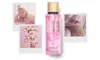A collage featuring a bottle of Victoria's Secret Velvet Petals fragrance mist, a close-up of a woman's lips, and a picture of pink flowers. Podgląd zdjęcia produktu