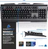 A gaming keyboard with various features highlighted, including its RGB lighting, ergonomic layout, and mechanical switches. The image also includes dimensions and weight. Produktbild-Vorschau