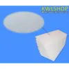 A stack of white rectangular foam pieces with a magnified view of one piece in an oval shape on a blue background. There is also a logo and text in the upper right corner. Produktbild-Vorschau