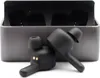 Two black wireless earbuds and their charging case. Produktbild-Vorschau