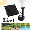 A collage showing a solar-powered fountain pump kit, its components, and examples of its use in different water features. Produktbild-Vorschau