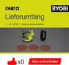 A marketing image showing a Ryobi cordless orbital sander, a dust bag, and sanding discs, with text indicating the scope of delivery and that the battery is not included. Podgląd zdjęcia produktu