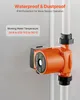 An orange water circulation pump is attached to a white pipe, with text overlays describing its features. Voir les images du produit