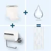 A collage showing the components and result of using a toilet paper holder with wet wipes. Produktbild-Vorschau