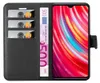 A black leather wallet-style phone case with credit cards and a banknote inserted, next to a smartphone displaying a colorful abstract wallpaper. Anteprima dell’immagine prodotto