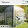 A collage showing a greenhouse in rain and sunshine, with close-ups of its features. Produktbild-Vorschau