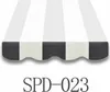 A close-up of a striped awning with a scalloped edge, with a product code below. Produktbild-Vorschau