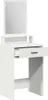 A white vanity table with a mirror and an open drawer. Voir les images du produit