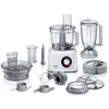 A white Bosch food processor with various attachments and a blender jug, all displayed on a white background. Produktbild-Vorschau
