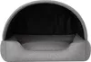 A gray dog bed with a hooded top, shown from the front. Produktbild-Vorschau