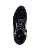 A top-down view of a black leather high-top sneaker with gold zippers and black and gold laces. Produktbild-Vorschau