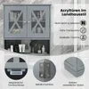 A wall-mounted cabinet with glass doors and an open shelf below, featuring close-up insets of its magnetic latches, hinges, and base. Produktbild-Vorschau