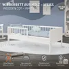 A white wooden cot with blue bedding and a cloud-shaped pillow, set against a blue wall with framed pictures. Icons and text describing features are at the bottom. Produktbild-Vorschau