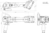 Technical drawing of an angle grinder with dimensions and specifications. Podgląd zdjęcia produktu