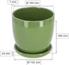 A green ceramic plant pot with a saucer, shown with measurement annotations. Náhled obrázku produktu