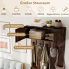 A wall-mounted coat rack with a cabinet and shelves, featuring various items like hats, scarves, and keys. Náhled obrázku produktu
