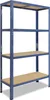 A blue metal shelving unit with four wooden shelves against a white background.