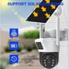 A solar-powered security camera mounted on a wall, with icons indicating its features. Produktbild-Vorschau