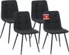 A set of four black dining chairs with metal legs, arranged in a group on a white background. One chair has a small red and white tag attached to its back. Náhled obrázku produktu