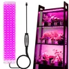 A split image showing a grow light panel on the left and a shelf unit with plants under grow lights on the right. Produktbild-Vorschau