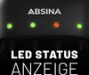 Close-up of a battery charger with LED status lights and text overlays. Produktbild-Vorschau