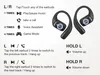 An instructional diagram showing how to operate a pair of open-ear Bluetooth earbuds, with images of the earbuds and text explaining various tap and hold functions. Podgląd zdjęcia produktu