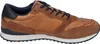 A side view of a brown leather and suede sneaker with navy blue accents and white soles. Produktbild-Vorschau