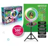 A product shot of a ring light kit for content creation, with a box on the left and the ring light setup on the right. Podgląd zdjęcia produktu