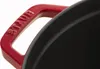 A close-up shot of a red Staub pot handle and the edge of its black interior. Produktbild-Vorschau
